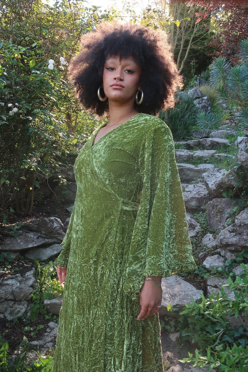 Crushed Velvet Frilly Maxi Dress Elven Green All About Audrey All About Audrey Vintage Boutique