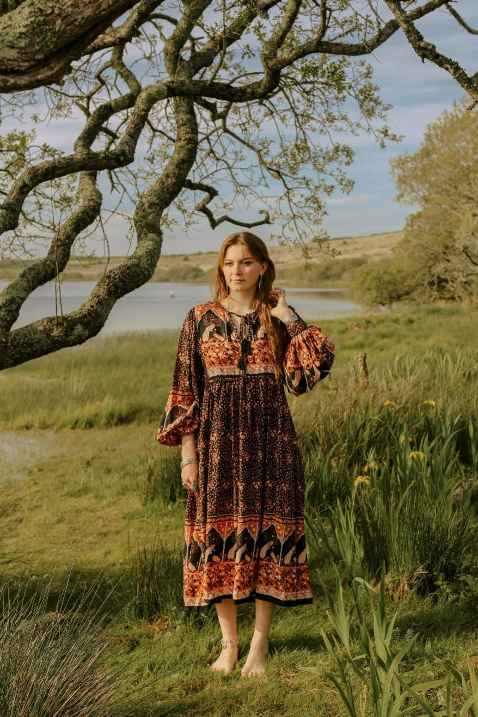 Peacock Primrose Boho 70s Smock Dress Burnt Orange