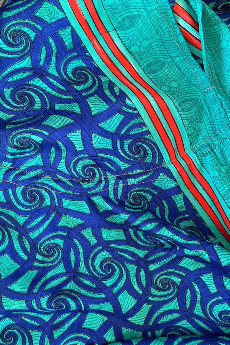 Eden Halter Maxi Dress - Vintage Sari - Spearmint & Sapphire Swirls - Free Size S - M/L
