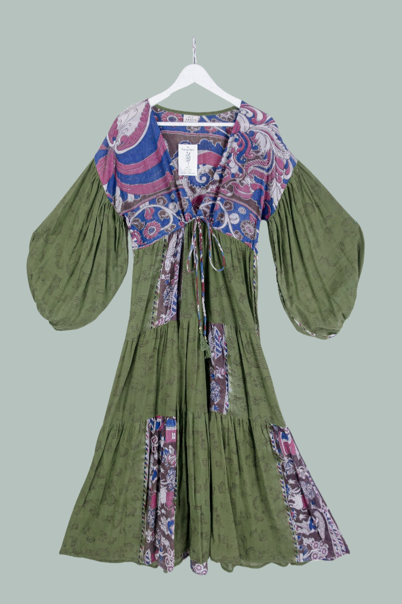 Gypsophila Maxi Dress - Vintage Indian Cotton - Moss Green Hands & Peacock Motif - M/L By All About Audrey