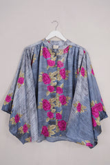 Ophelia Blouse - Steel Blue Roses - Vintage Sari - Free Size by all about audrey