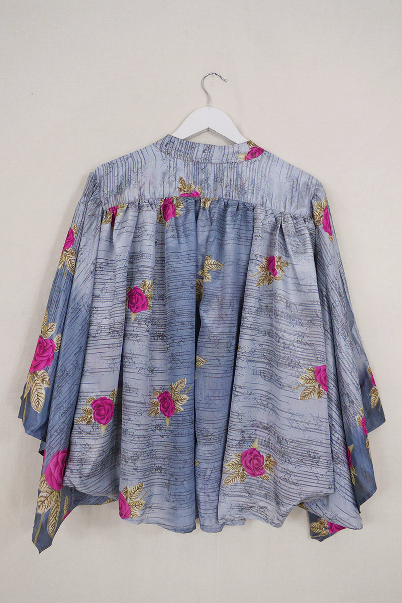 Ophelia Blouse - Steel Blue Roses - Vintage Sari - Free Size by all about audrey