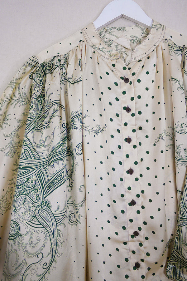 Ophelia Blouse - Jade & Gold Feather Paisley - Vintage Sari - Free Size by all about audrey