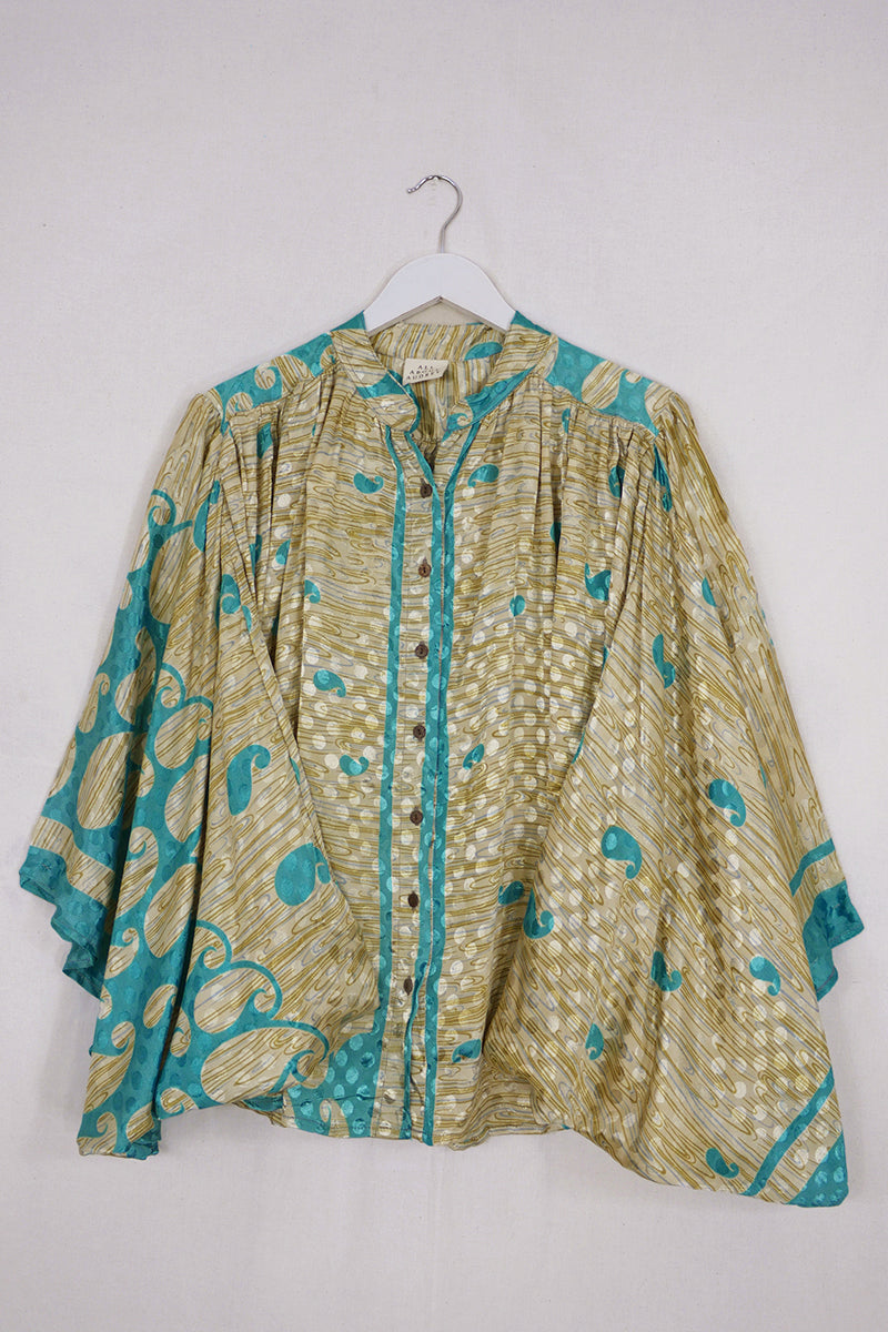 SALE Ophelia Blouse - Turquoise Shimmering Tides - Vintage Sari - Free Size by all about audrey