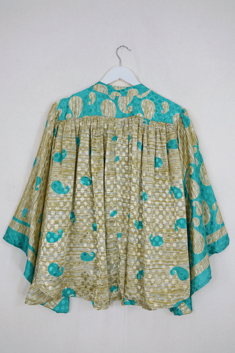 SALE Ophelia Blouse - Turquoise Shimmering Tides - Vintage Sari - Free Size by all about audrey