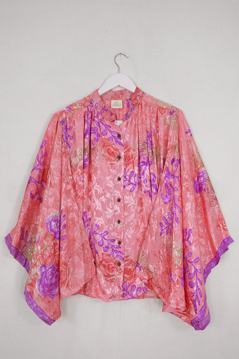 Ophelia Blouse - Sugar Pink Rose Garden - Vintage Sari - Free Size by all about audrey