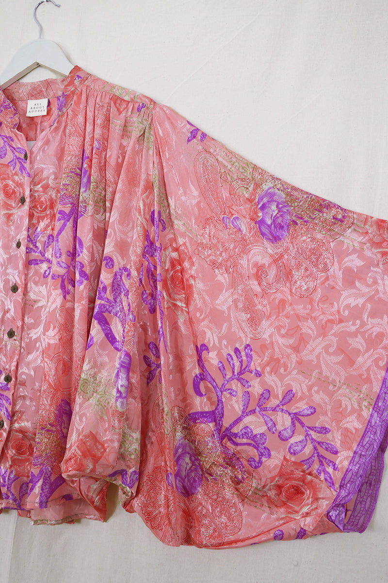 Ophelia Blouse - Sugar Pink Rose Garden - Vintage Sari - Free Size by all about audrey