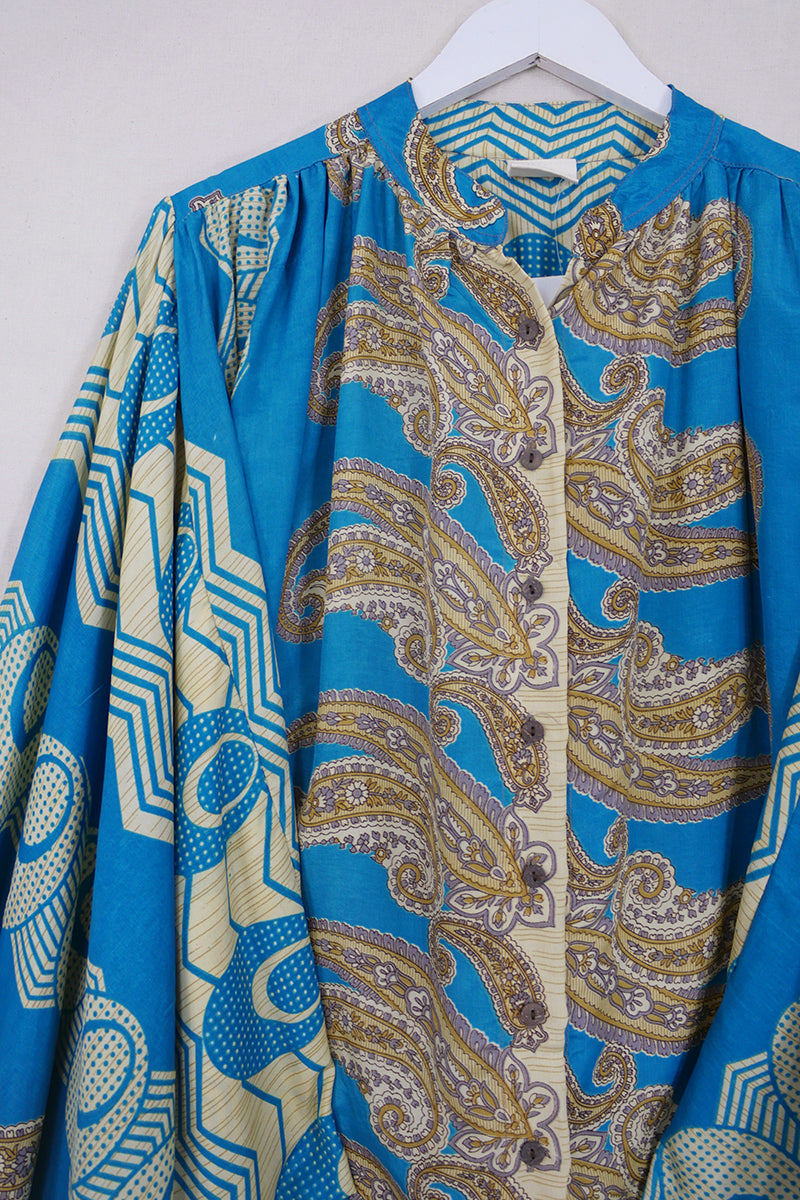 Ophelia Blouse - Crystal Cerulean Paisley - Vintage Sari - Free Size by all about audrey