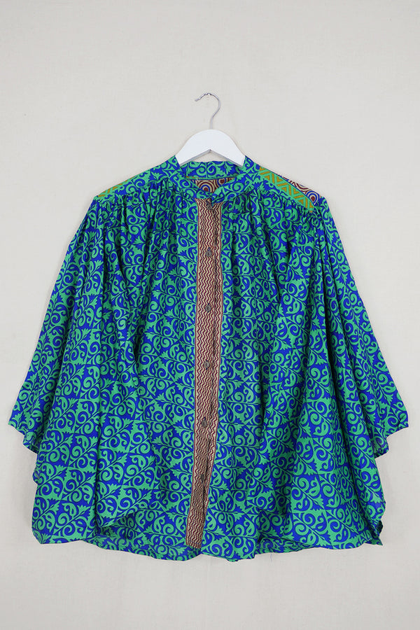 Ophelia Blouse - Navy & Green Paisley Ivy - Vintage Sari - Free Size by all about audrey