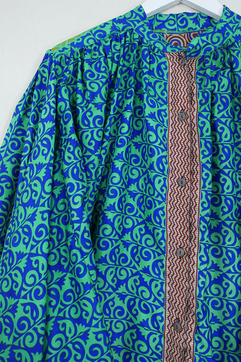 Ophelia Blouse - Navy & Green Paisley Ivy - Vintage Sari - Free Size by all about audrey