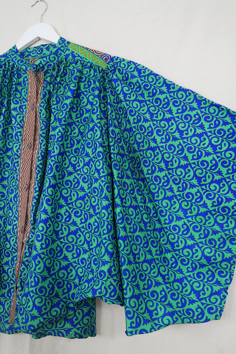 Ophelia Blouse - Navy & Green Paisley Ivy - Vintage Sari - Free Size by all about audrey