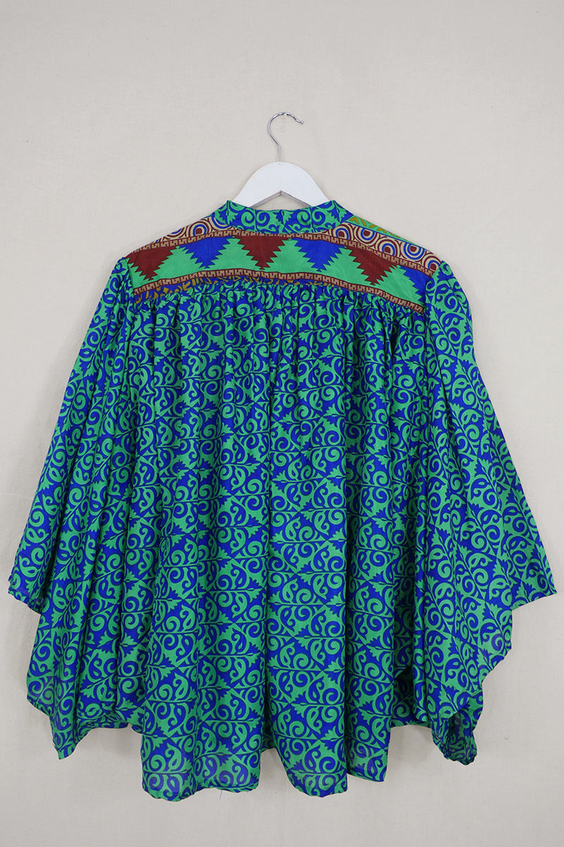 Ophelia Blouse - Navy & Green Paisley Ivy - Vintage Sari - Free Size by all about audrey