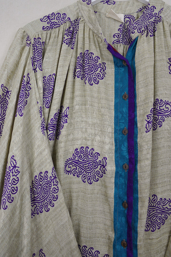 Ophelia Blouse - Olive Green & Purple Floral Jacquard - Vintage Sari - Free Size by all about audrey