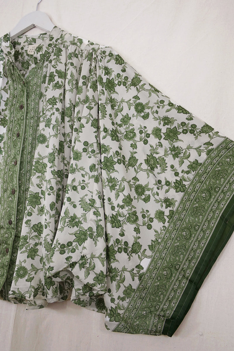 Ophelia Blouse - Jade Green & Sage Royal Bouquet - Vintage Sari - Free Size by all about audrey