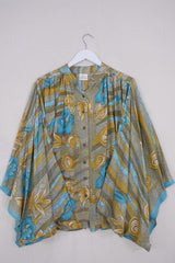 Ophelia Blouse - Blue & Yellow Flowering Vines - Vintage Sari - Free Size by all about audrey