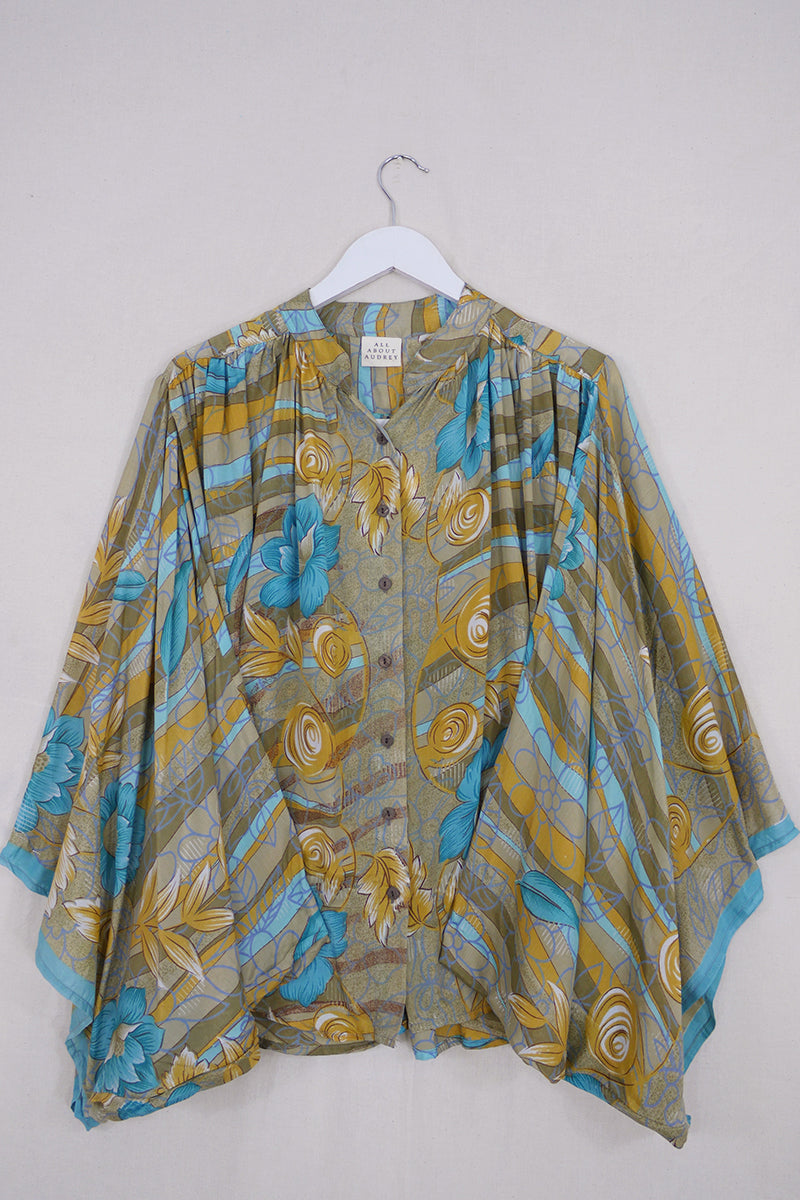 Ophelia Blouse - Blue & Yellow Flowering Vines - Vintage Sari - Free Size by all about audrey