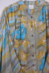 Ophelia Blouse - Blue & Yellow Flowering Vines - Vintage Sari - Free Size by all about audrey