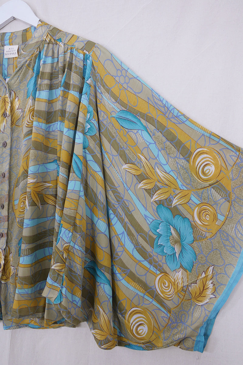 Ophelia Blouse - Blue & Yellow Flowering Vines - Vintage Sari - Free Size by all about audrey