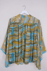 Ophelia Blouse - Blue & Yellow Flowering Vines - Vintage Sari - Free Size by all about audrey