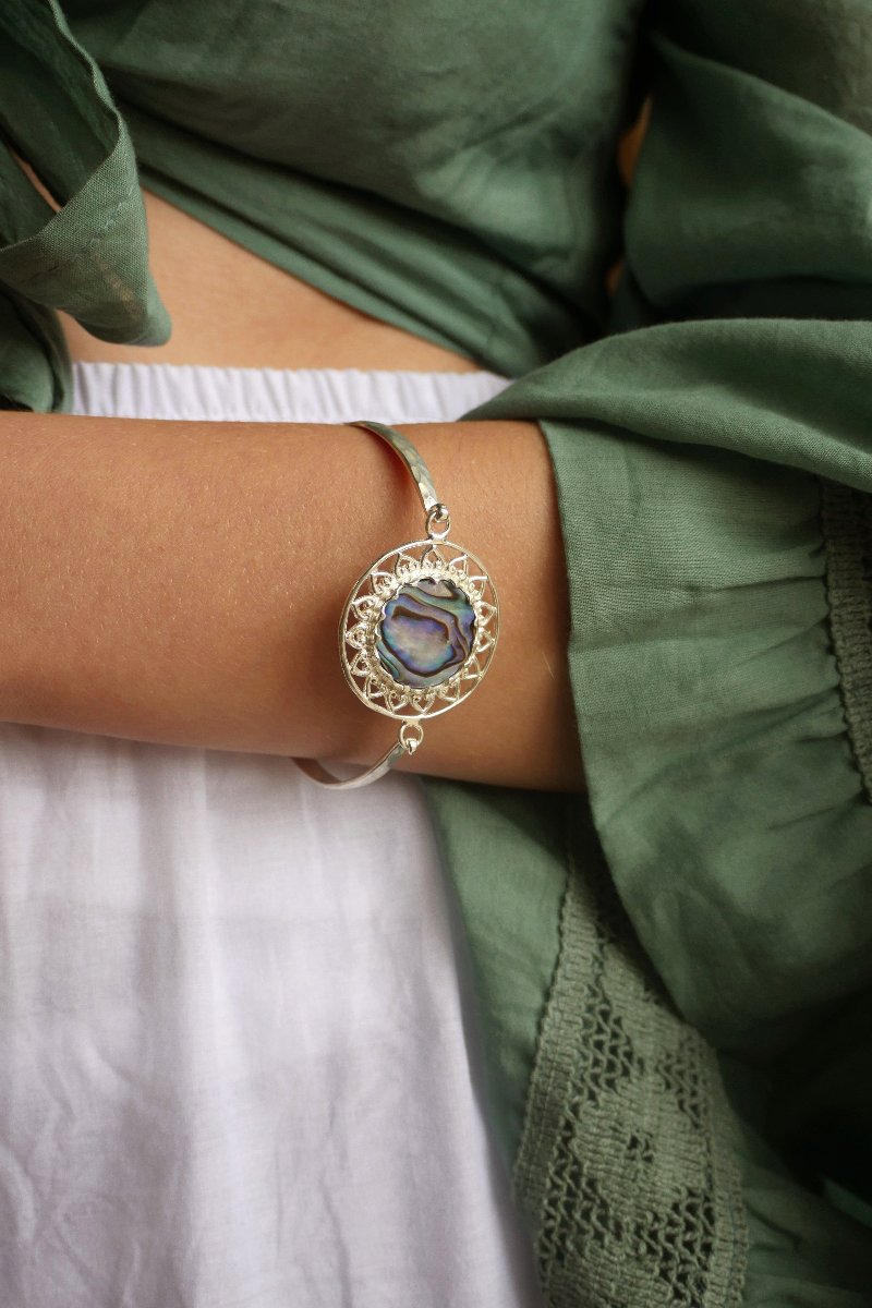 Silver Abalone Hooked Sun Bangle by All About Audrey