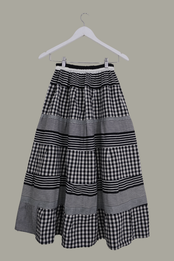 Adelaide Patchwork Maxi Skirt in Beetlejuice Black & White Stripes by All About Audrey