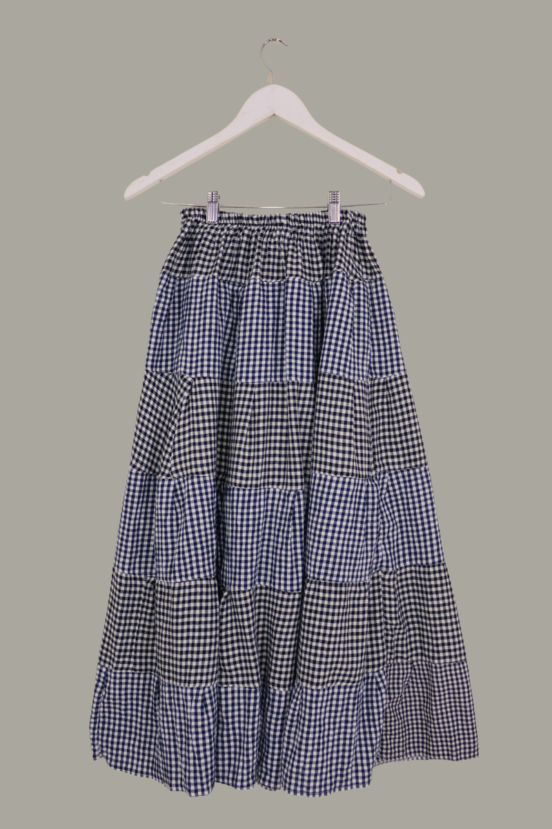 Adelaide Patchwork Maxi Skirt in Indigo & Charcoal Gingham by All About Audrey