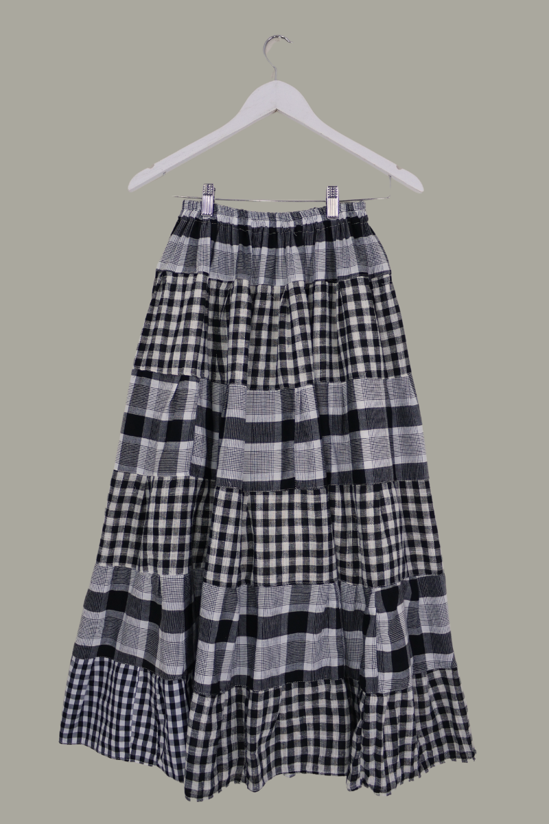 Adelaide Patchwork Maxi Skirt in Black & Off-White Woven Plaid by All About Audrey