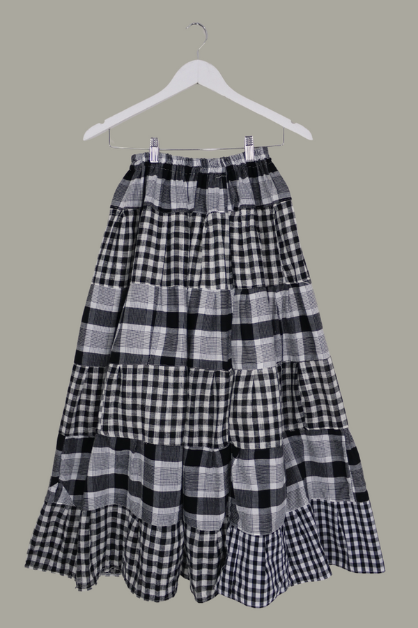 Adelaide Patchwork Maxi Skirt in Black & Off-White Woven Plaid by All About Audrey