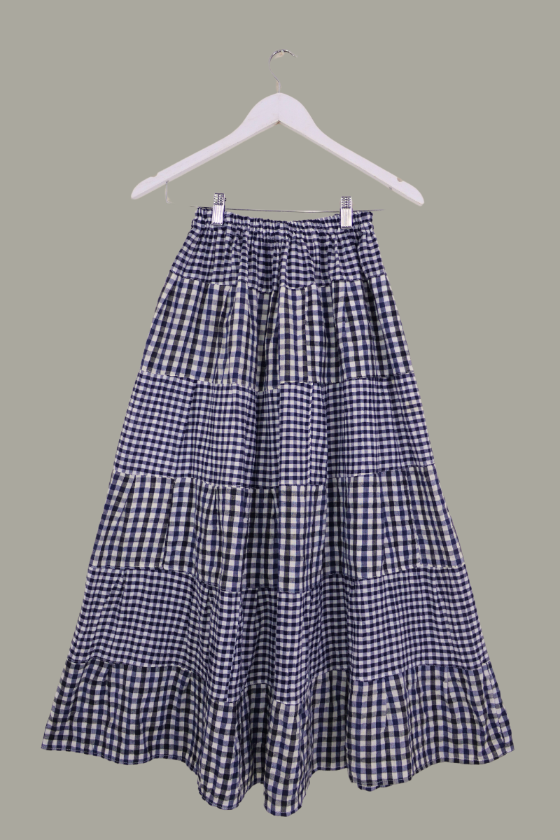 Adelaide Patchwork Maxi Skirt in Prussian Blue & Off-White Gingham by All About Audrey