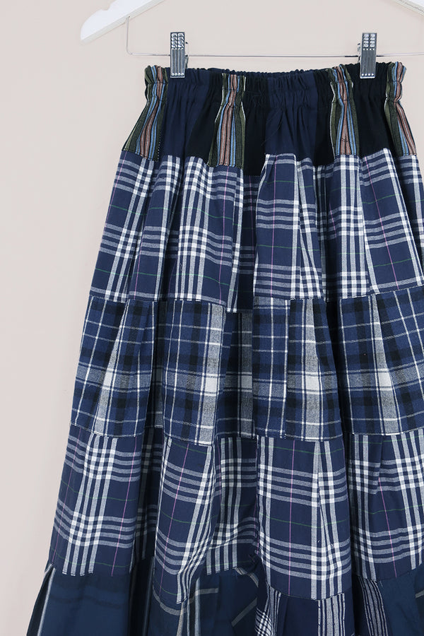 Adelaide Patchwork Maxi Skirt in Weathered Blue Tartan by All About Audrey