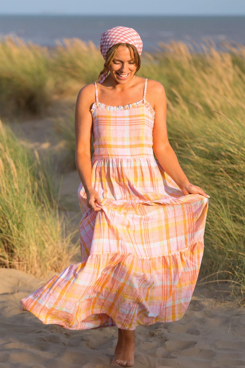 Alice Maxi Dress in Strawflower Pink Tartan by All About Audrey