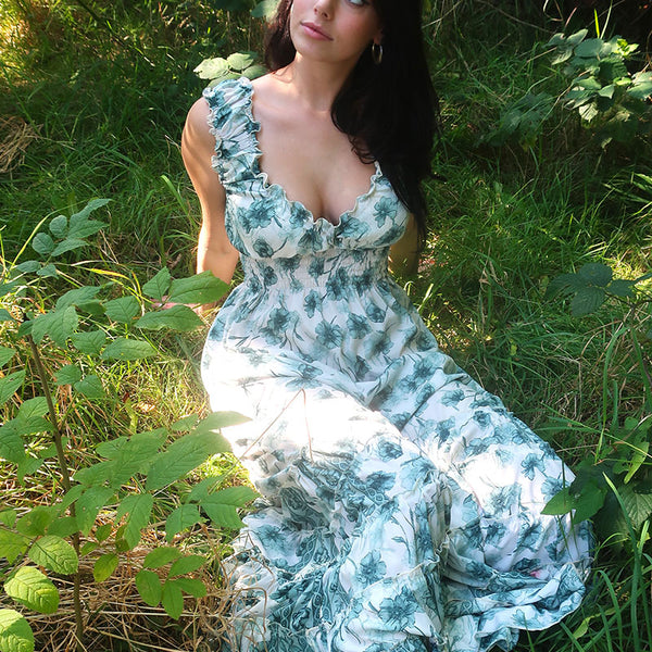 Maisie Maxi Dress in Lily Pad Green Watercolour Floral