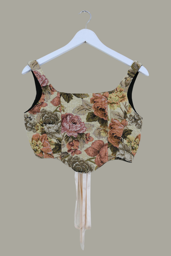 Antoinette Tapestry Corset in Dried Dahlia Bouquet with Satin Ribbon by All About Audrey