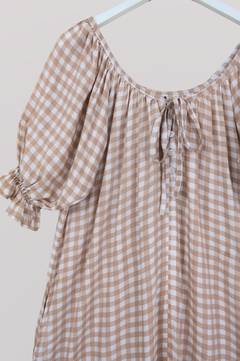 Dolly Mini Dress in Biscuit Brown Gingham by All About Audrey