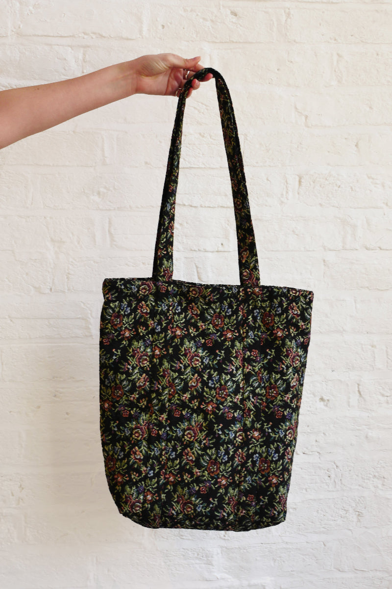 Rhiannon Black Floral Tapestry Tote Bag