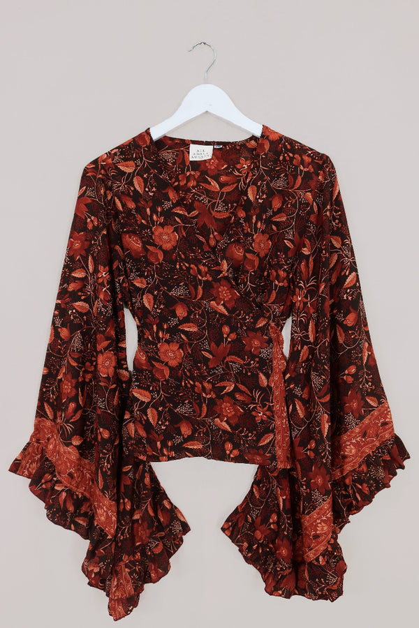 Venus Folklore Floral Long Wrap Top in Cedar Red