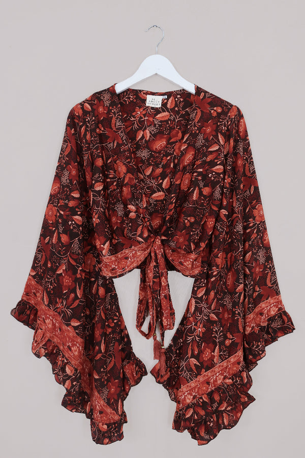 Venus Folklore Floral Wrap Top in Cedar Red