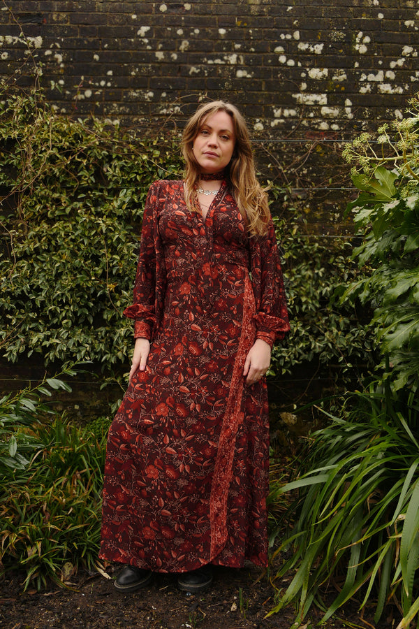 Lola Folklore Floral Wrap Dress in Cedar Red by All About udrey