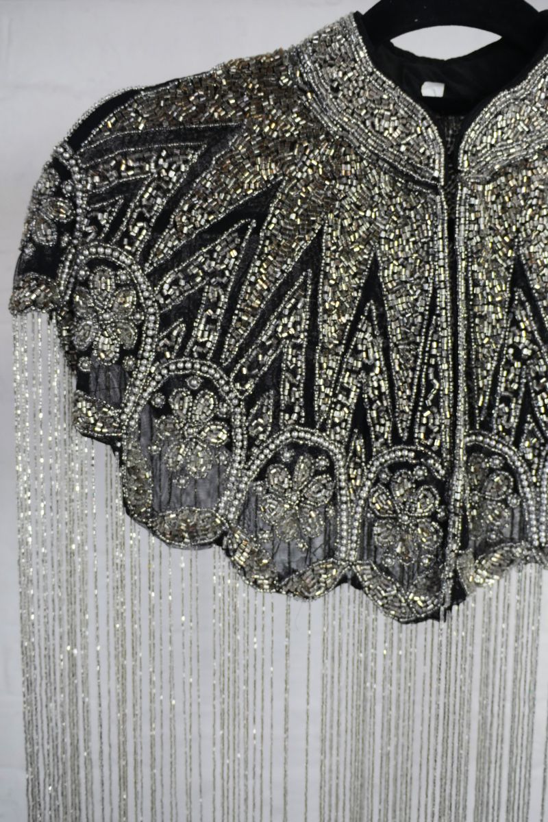 Waterfall Beaded Fringe Cloak with a Champagne & Silver Art Deco Pattern by all about audrey