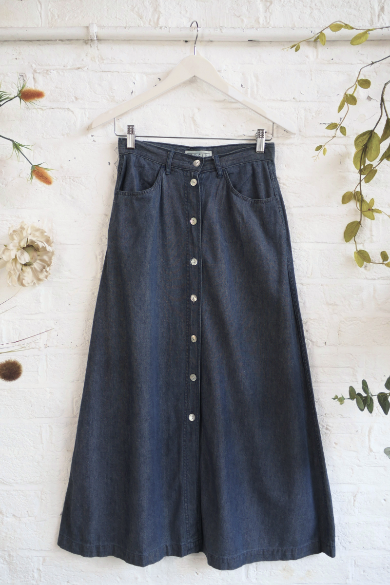 Vintage Denim Skirt - Cool Blue Longline Button Up Maxi - Size W27