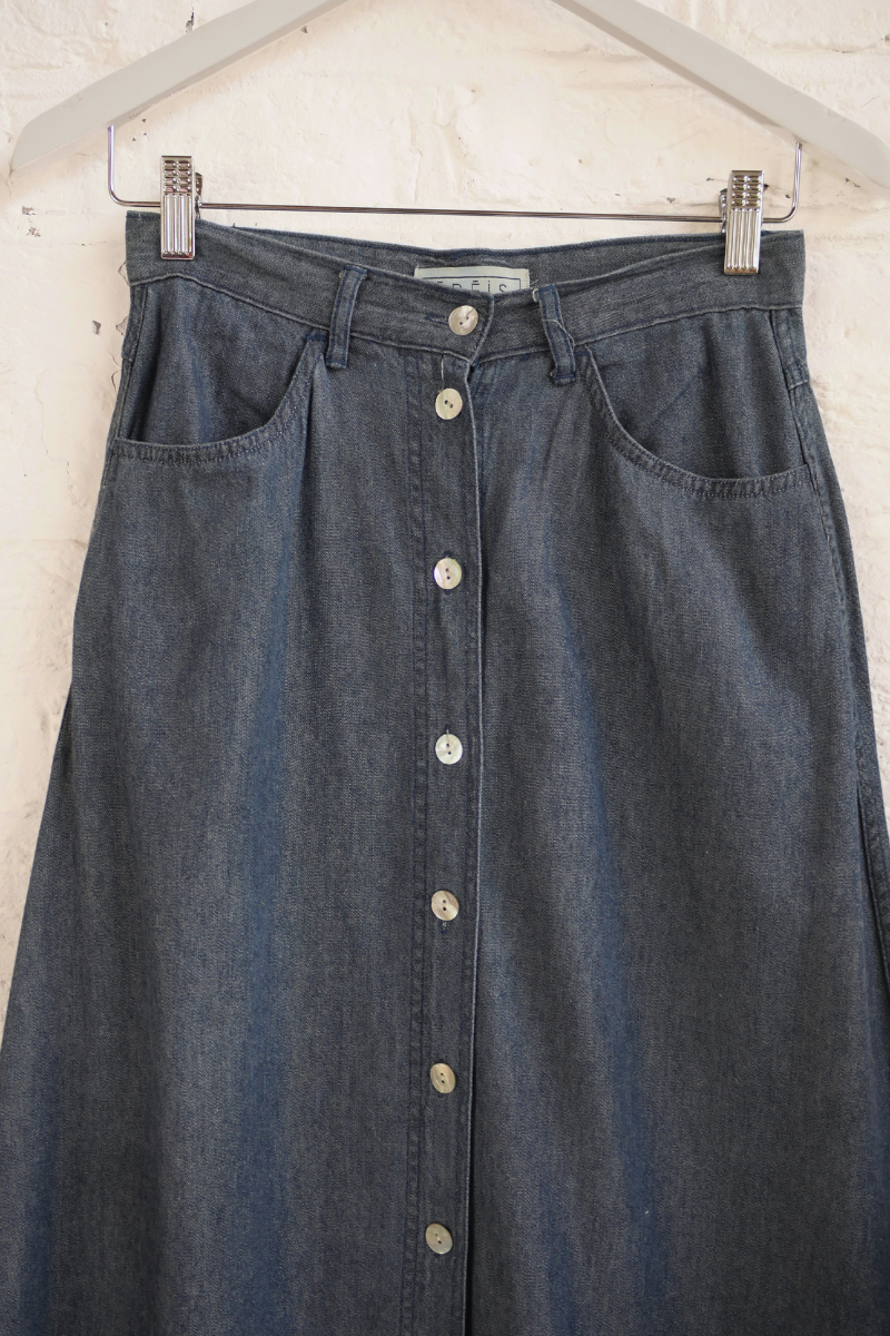 Vintage Denim Skirt - Cool Blue Longline Button Up Maxi - Size W27