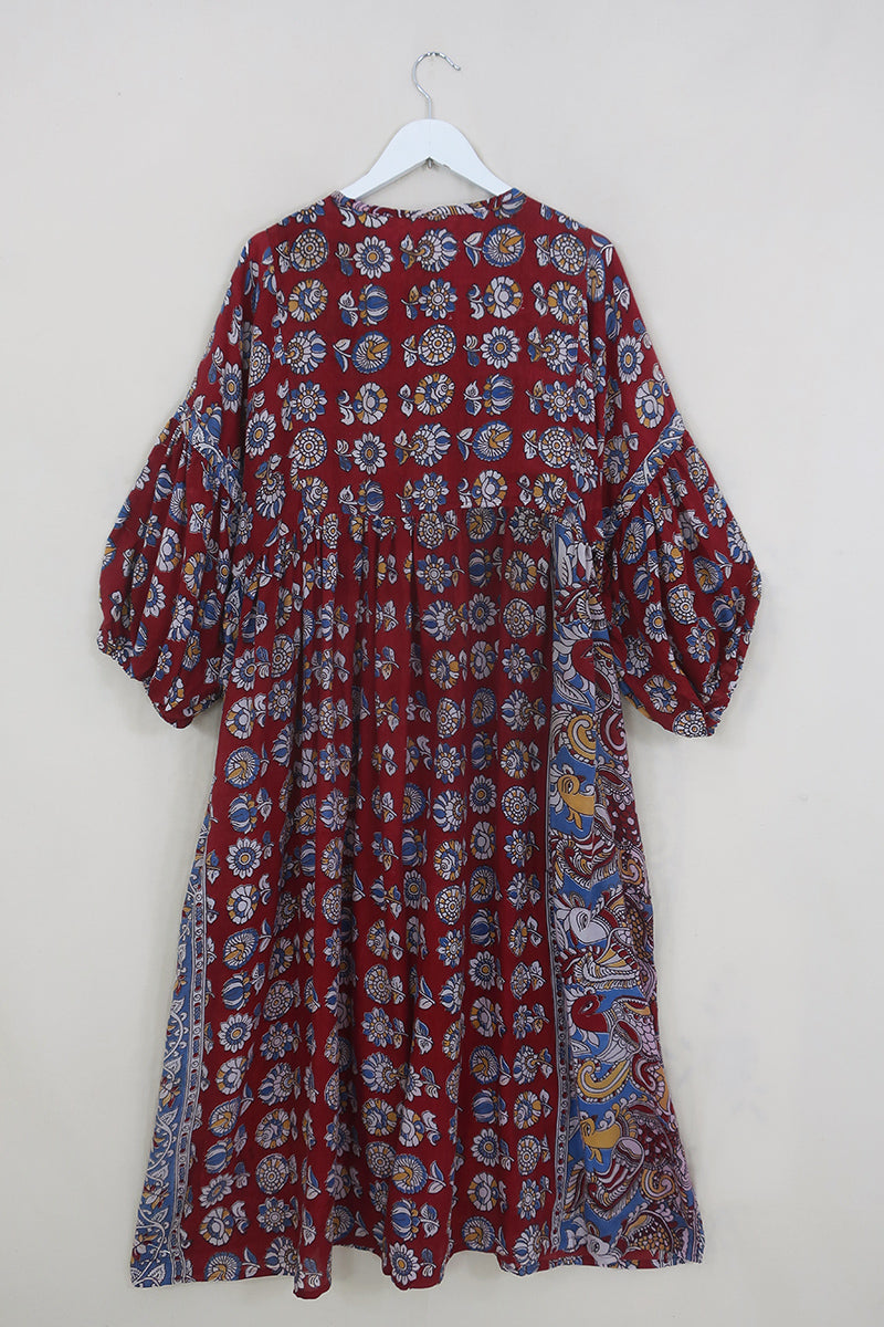 Daisy Maxi Smock Dress - Ruby & Indigo Flower Buds - Vintage Indian Cotton - Size L/XL