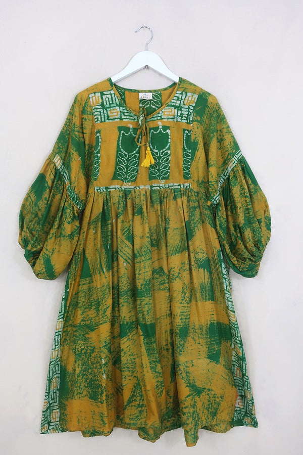 Daisy Midi Smock Dress - True Green Tulip Batik - Vintage Indian Cotton - Size L/XL by All About Audrey