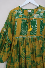 Daisy Midi Smock Dress - True Green Tulip Batik - Vintage Indian Cotton - Size L/XL by All About Audrey