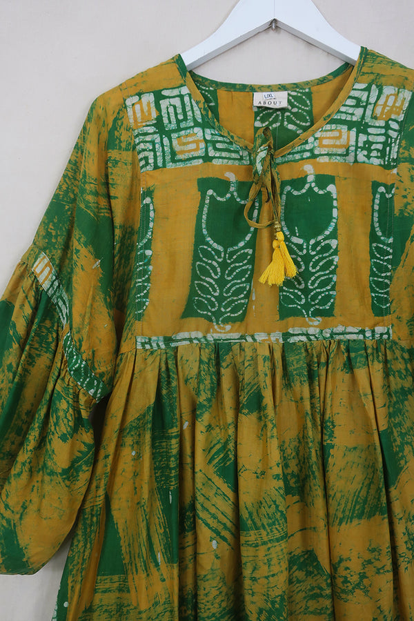 Daisy Midi Smock Dress - True Green Tulip Batik - Vintage Indian Cotton - Size L/XL by All About Audrey