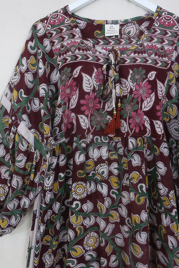 Daisy Maxi Smock Dress - Chestnut Pink Floral - Vintage Indian Cotton - Size L/XL