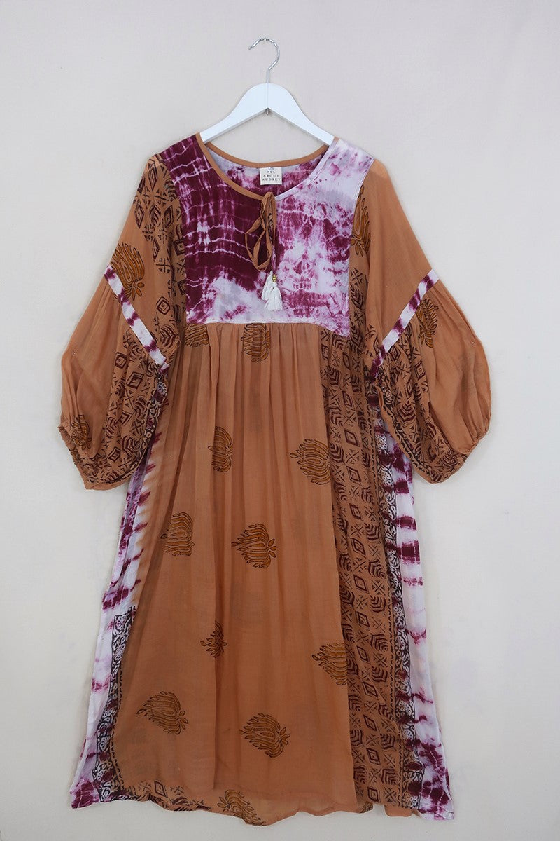 SALE Daisy Maxi Smock Dress - Desert Dune & Cerise Tie Dye - Vintage Indian Cotton - Size L/XL