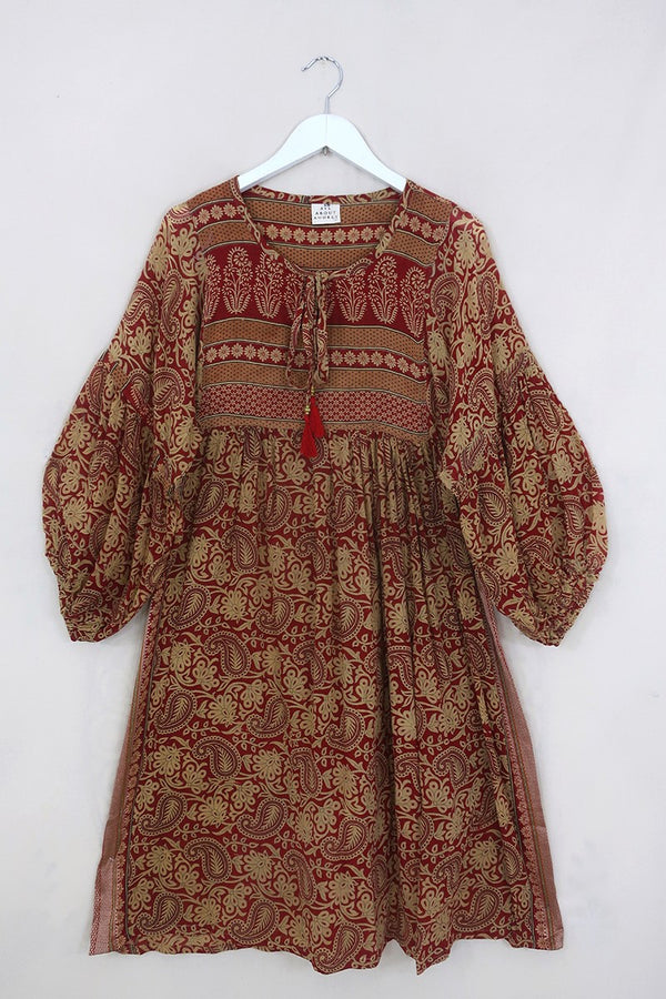 Daisy Midi Smock Dress - Scarlet Red & Chamomile Paisley - Vintage Indian Cotton - Size S/M