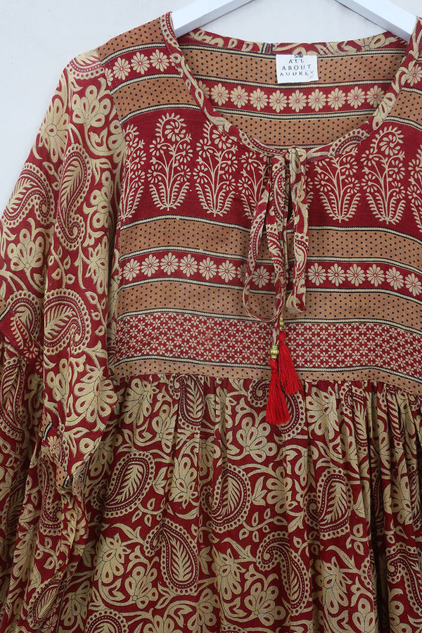 Daisy Midi Smock Dress - Scarlet Red & Chamomile Paisley - Vintage Indian Cotton - Size S/M by All About Audrey