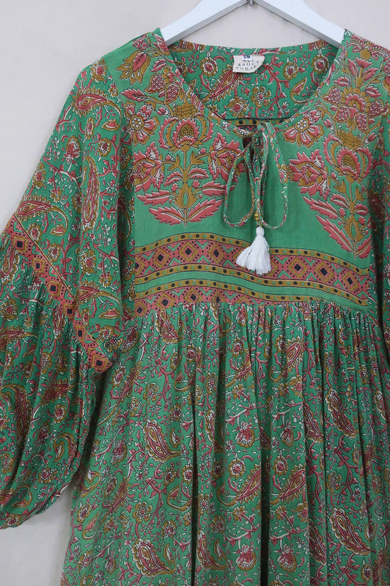 Daisy Maxi Smock Dress - Faded Jade & Blush Wildflower - Vintage Indian Cotton - Size M/L by All About Audrey